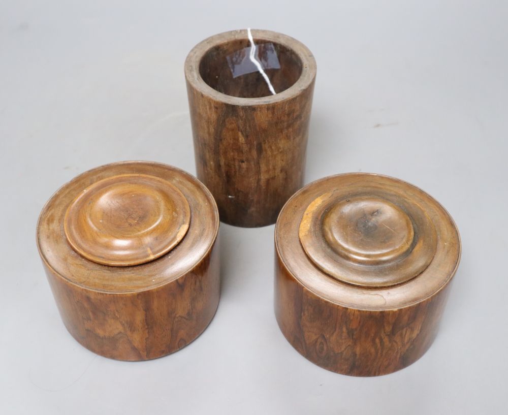 A Chinese huang huali brush pot and two ink jars and covers, 19th century, tallest 11.5cm